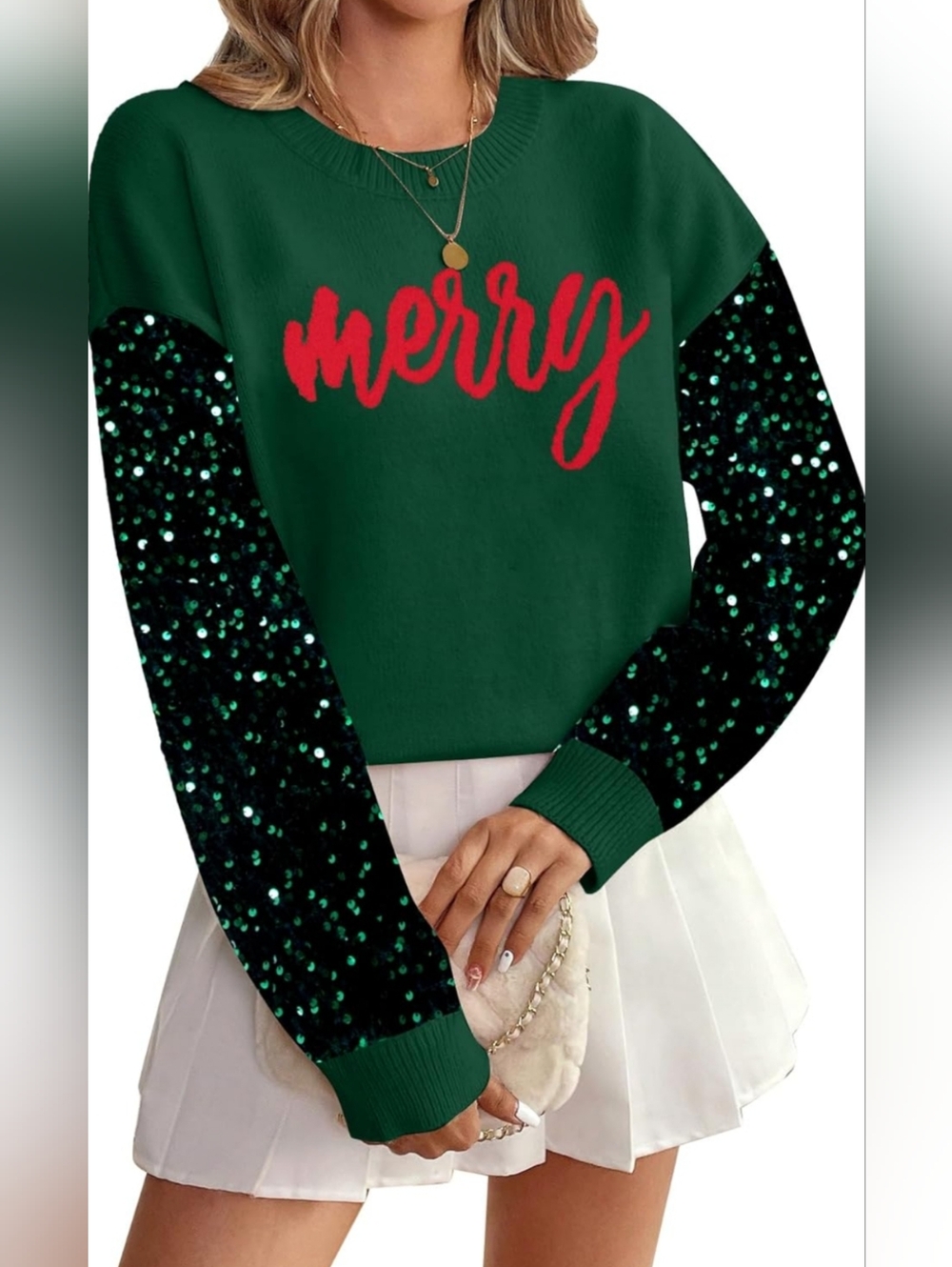 Christmas Sweater Merry Sequin Sleeve Mixed Media Crewneck Green and Red NWOT - Picture 1 of 14
